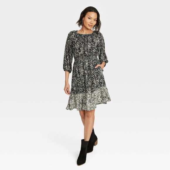 Knox Rose Dresses & Skirts - Large - Womens Long Sleeve Smocked A-Line Dress - Knox Rose - Black Floral